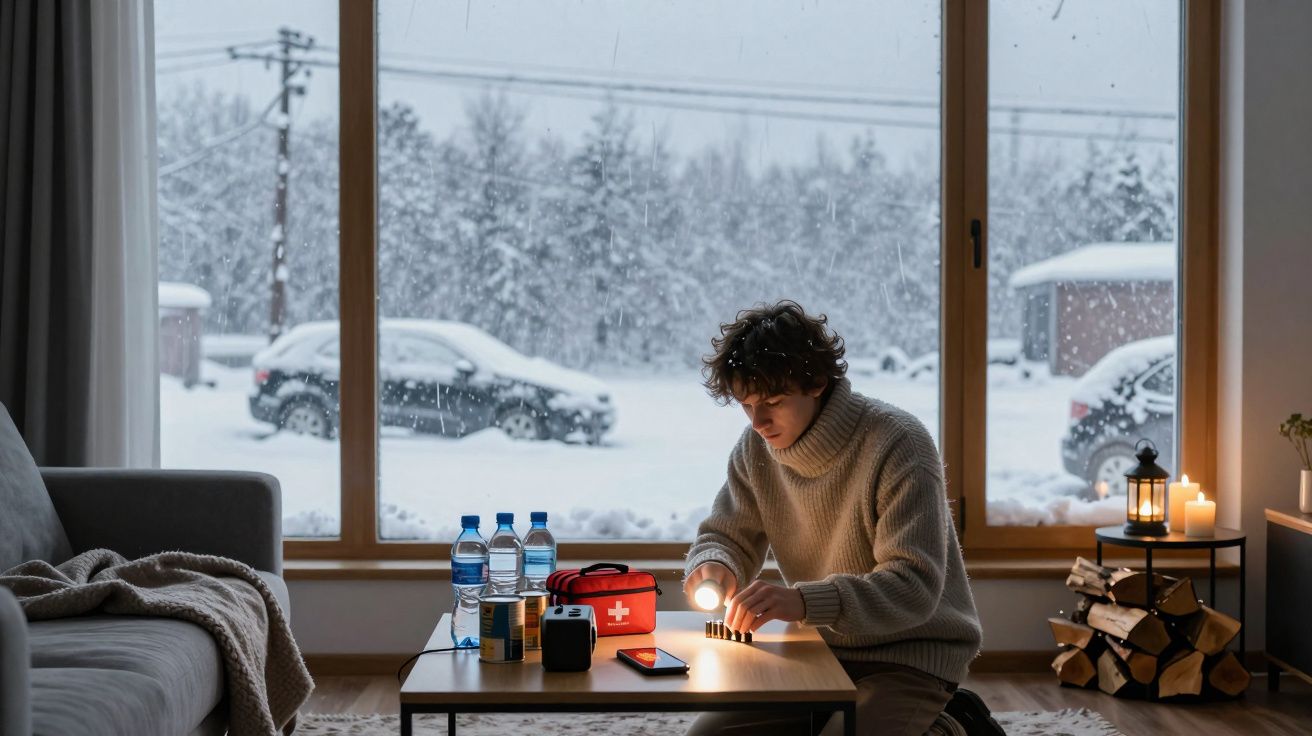 Jovem acende velas numa sala durante tempestade de neve, com água e mantimentos na mesa.