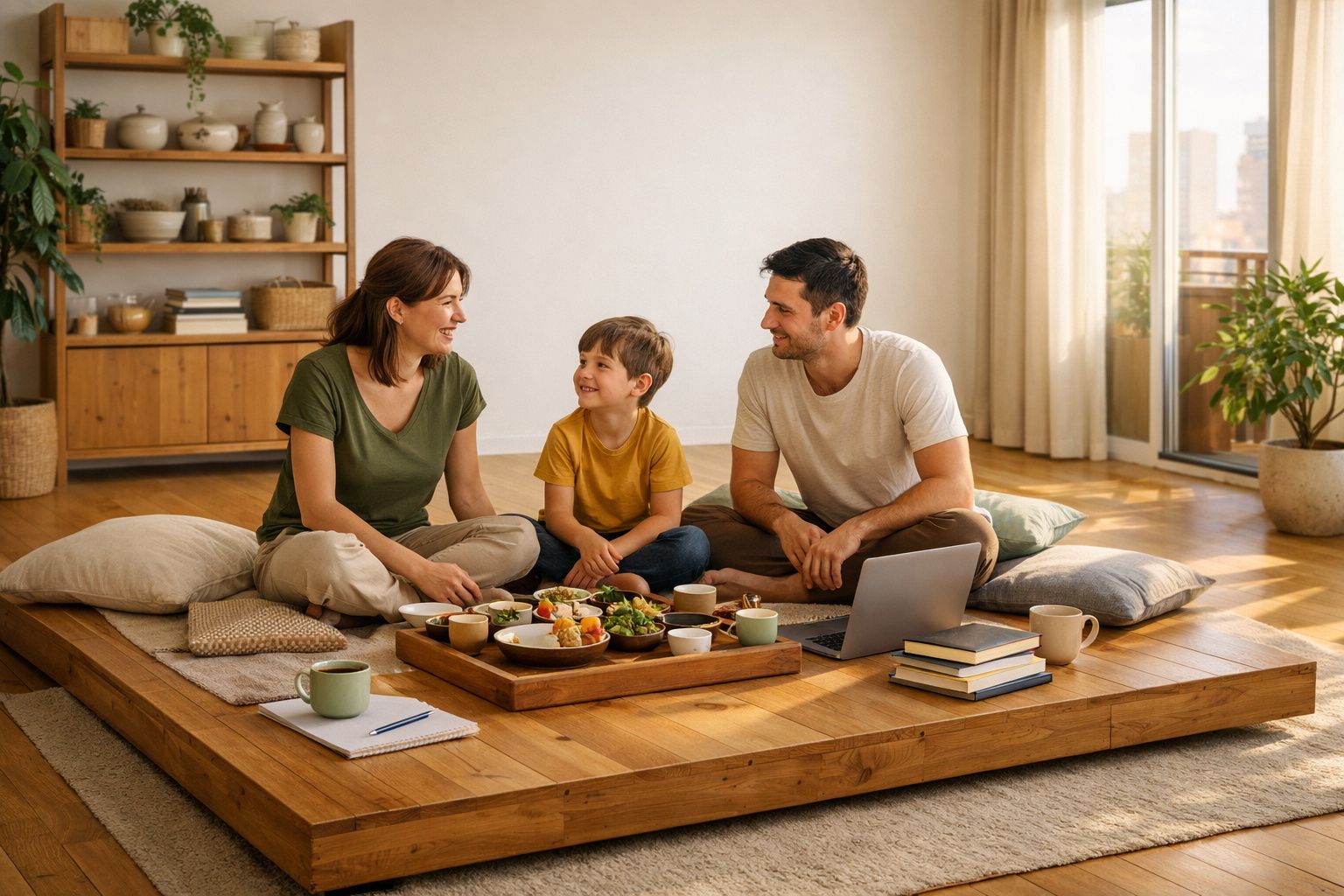 Família sentada no chão em sala iluminada, desfrutando de refeição e conversando alegremente.