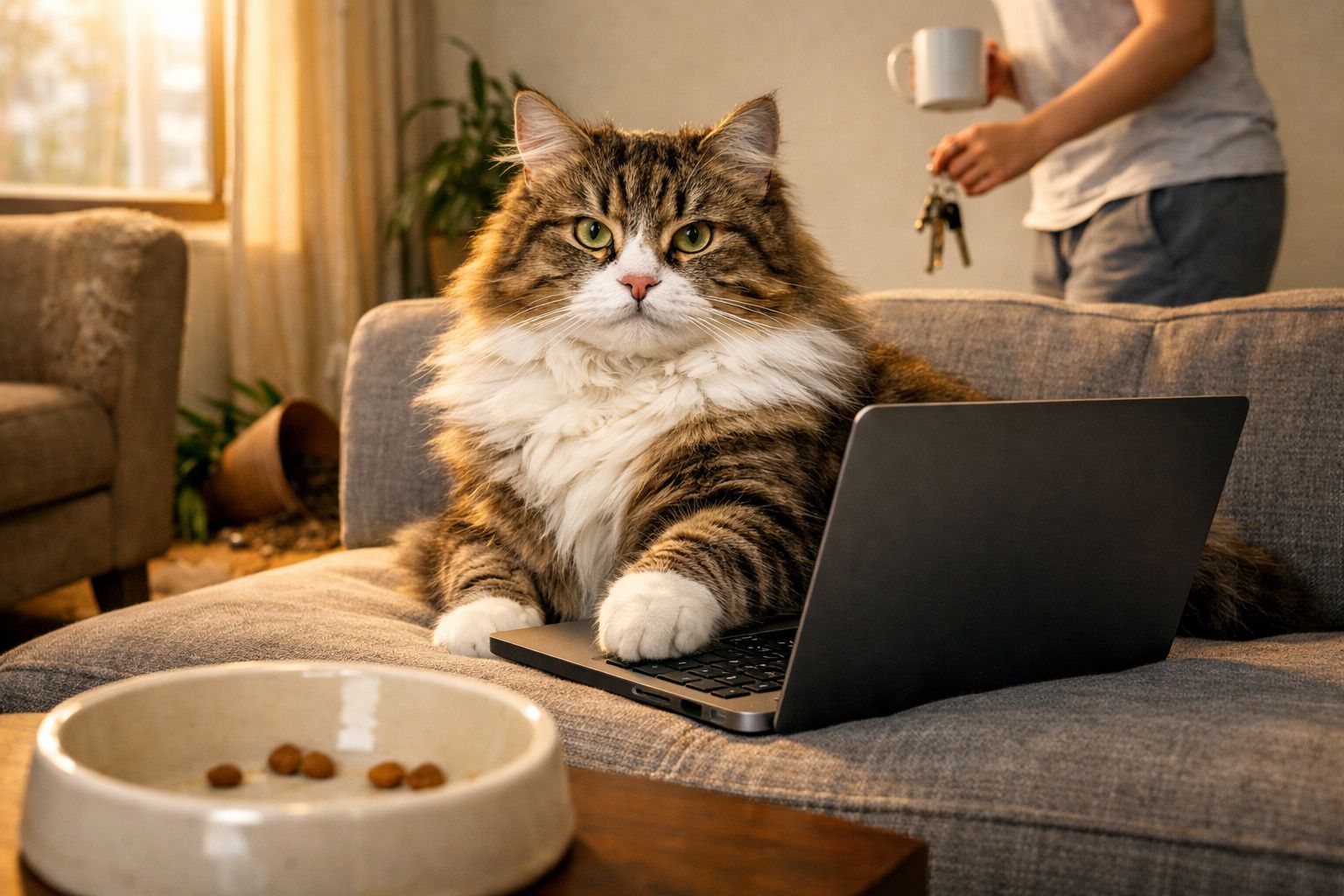 Gato felpudo sentado no sofá com uma pata no portátil e tigela de comida na frente.