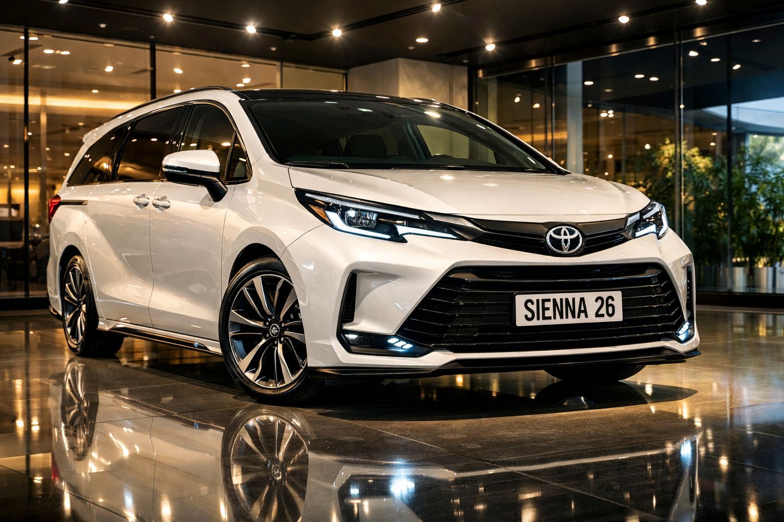 Carro Toyota Sienna branco estacionado em interior com reflexos no chão e luzes ligadas.