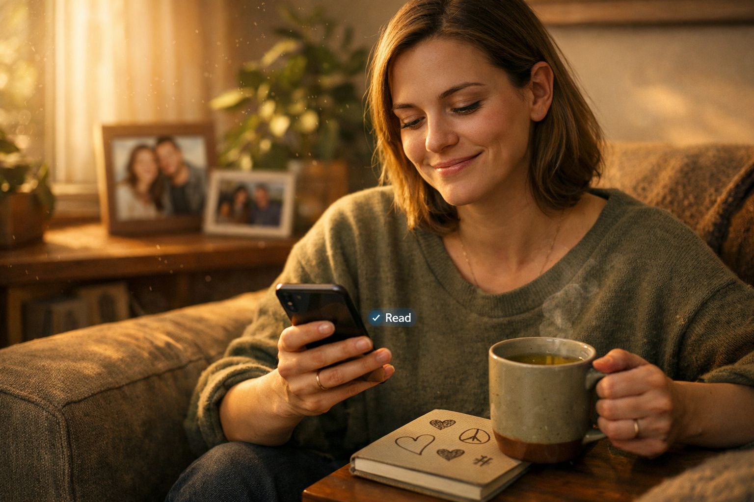 Mulher sorridente sentada no sofá, a segurar uma caneca quente e a olhar para o telemóvel num ambiente acolhedor.