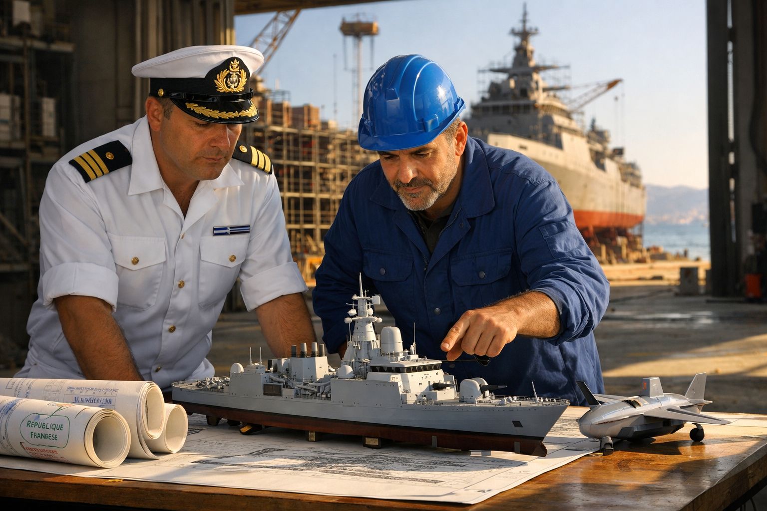 Oficiais navais analisam maquete de navio de guerra num estaleiro com documentos e um avião de modelo.