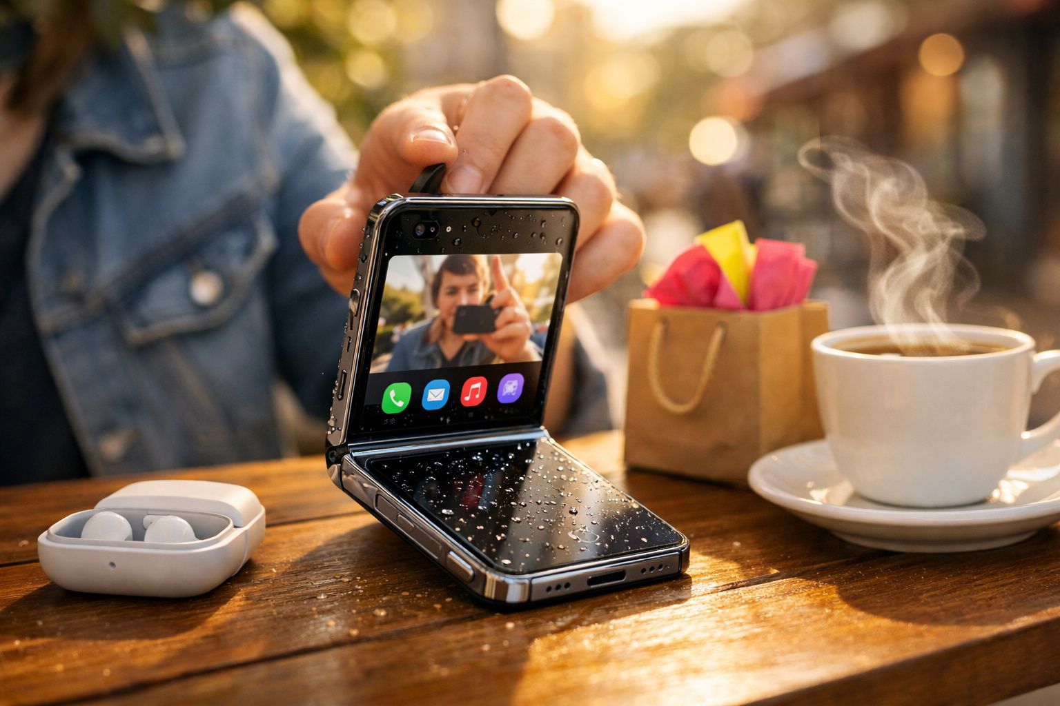Telemóvel dobrável com gotas de água, auscultadores sem fios e chá quente numa mesa de madeira.