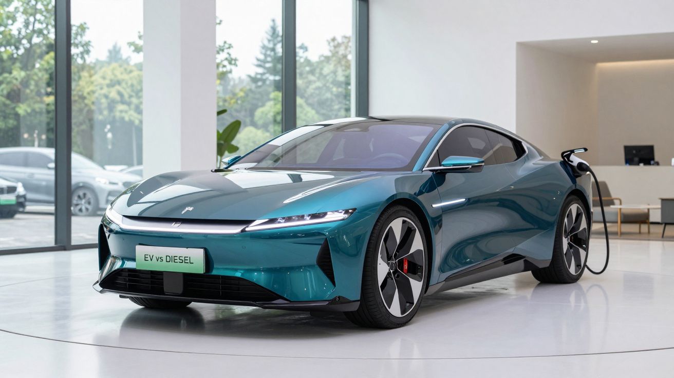 Carro elétrico azul metálico estacionado em salão moderno a ser recarregado.