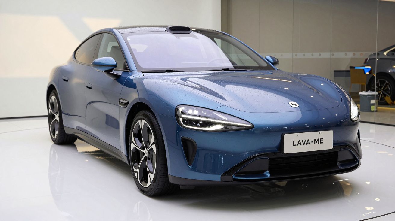 Carro elétrico azul brilhante com design moderno e placa personalizada "LAVA-ME", em exposição interior.