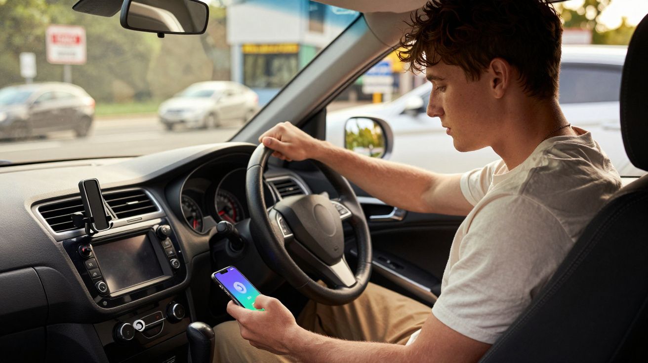 Homem jovem sentado ao volante de carro parado, olhando para o telemóvel na mão direita.