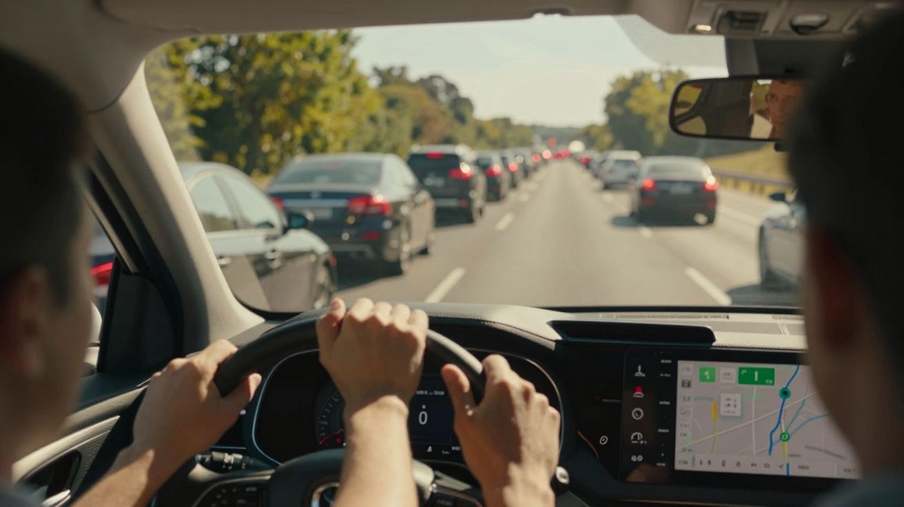 Pessoa a conduzir carro em trânsito lento numa autoestrada com vários veículos à frente e ao lado.