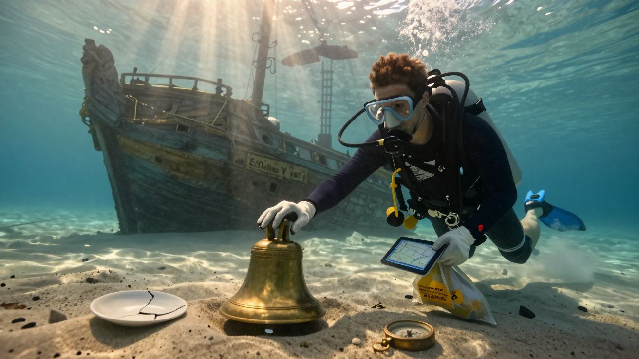 Mergulhador explora sino e objetos antigos no fundo do mar perto de naufrágio de barco de madeira.