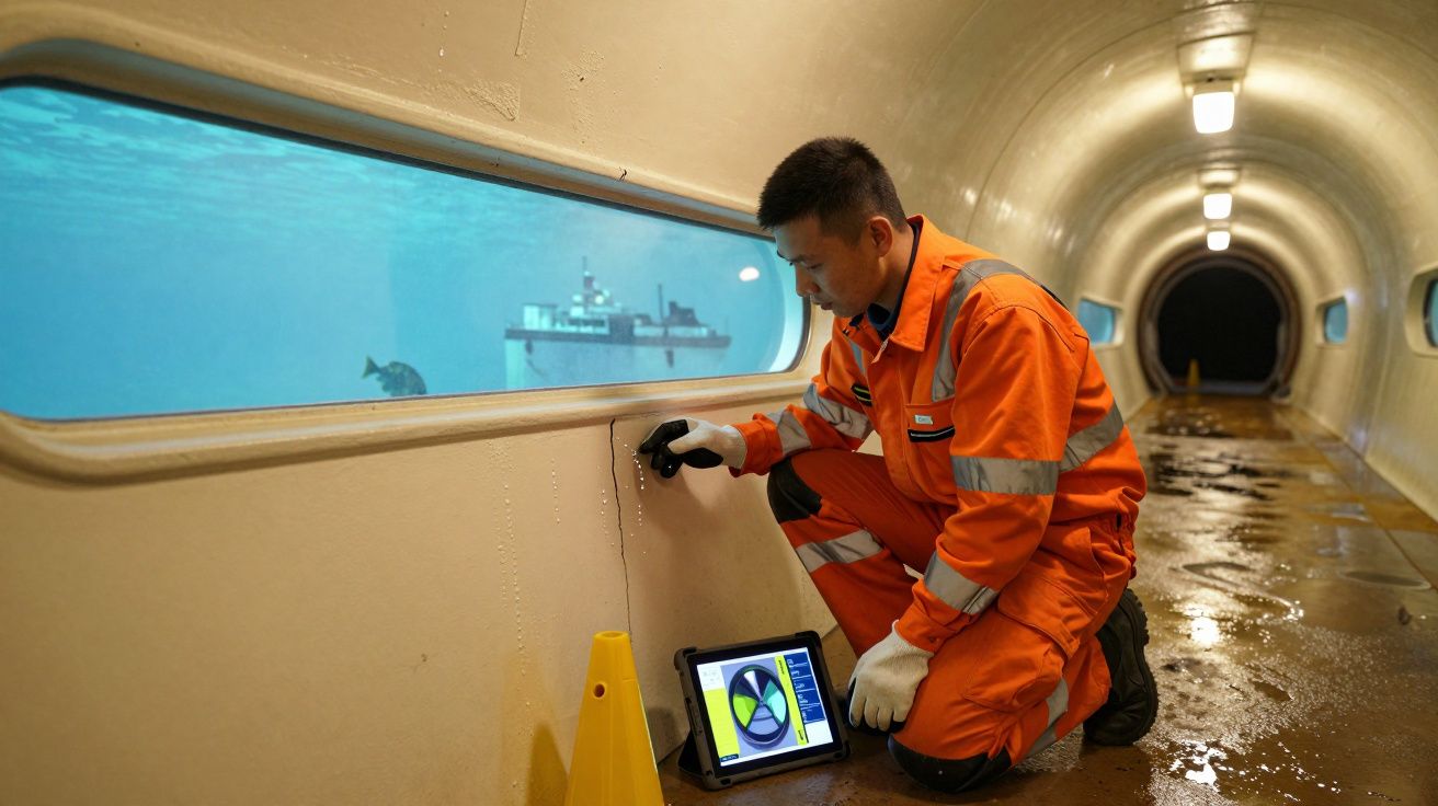 Homem de uniforme laranja faz inspeção técnica no interior de túnel subaquático junto a janela com vista para navio.