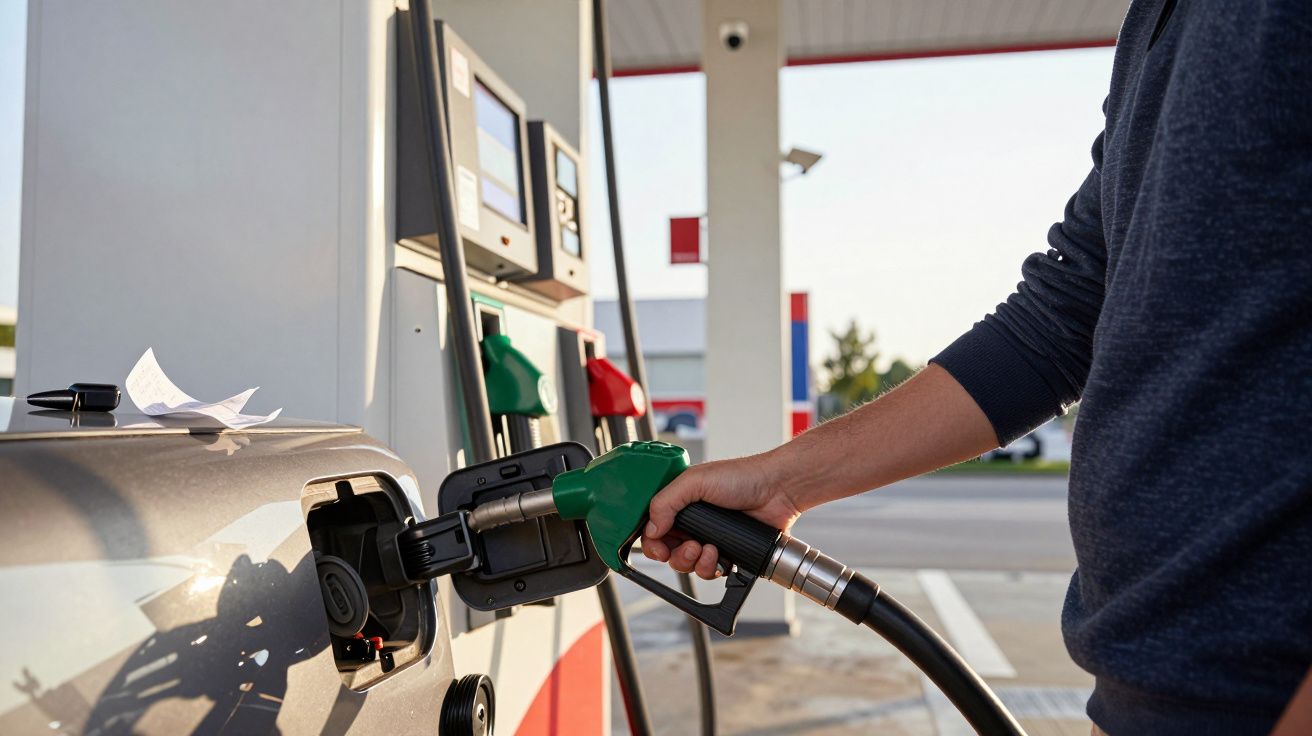 Pessoa a abastecer carro com gasolina numa bomba de combustível num posto de combustível.