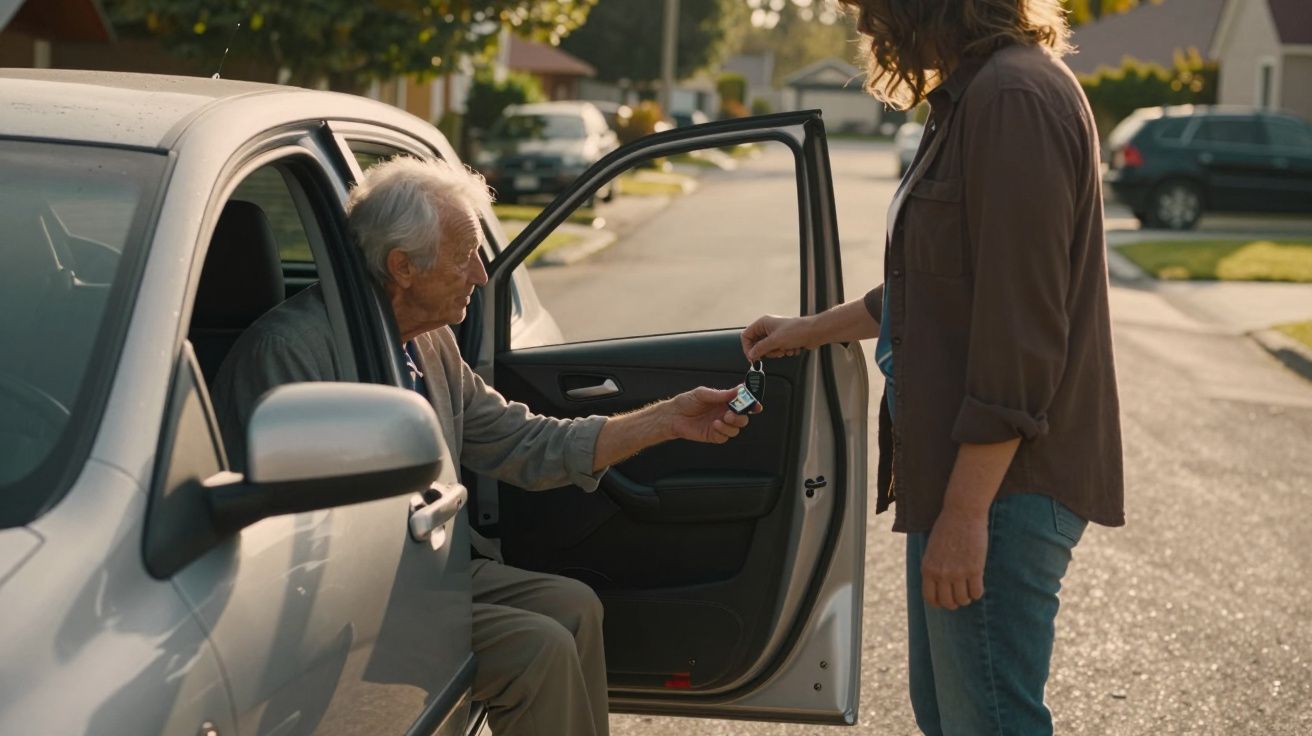 Pessoa mais nova entrega chaves de carro a idoso sentado no banco do condutor numa rua residencial.
