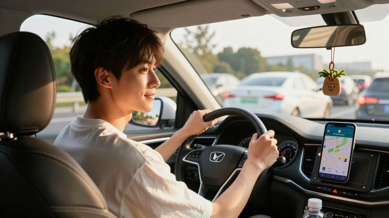 Homem jovem a conduzir carro com aplicação de mapas aberta no telemóvel no suporte do tablier.