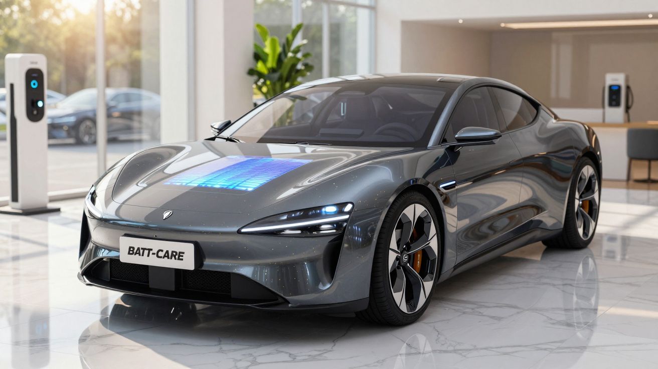 Carro desportivo elétrico cinzento estacionado numa sala moderna com estação de carregamento ao fundo.