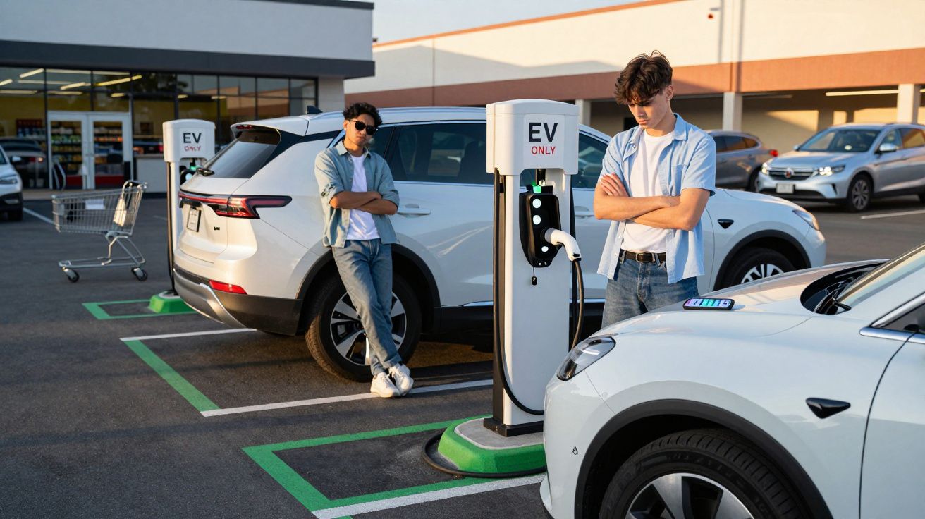 Dois jovens ao lado de carros elétricos a carregar numa estação de carregamento ao pôr do sol.