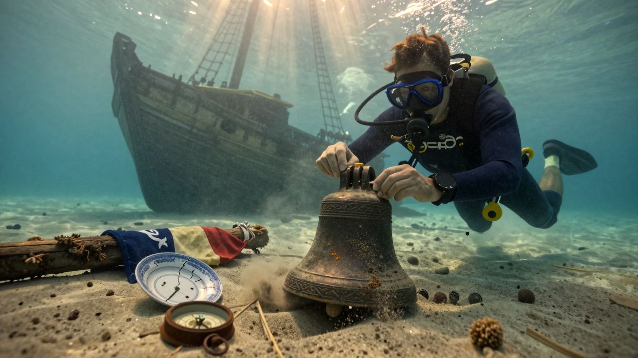 Mergulhador explora sino antigo no fundo do mar junto a um navio naufragado e objetos espalhados.