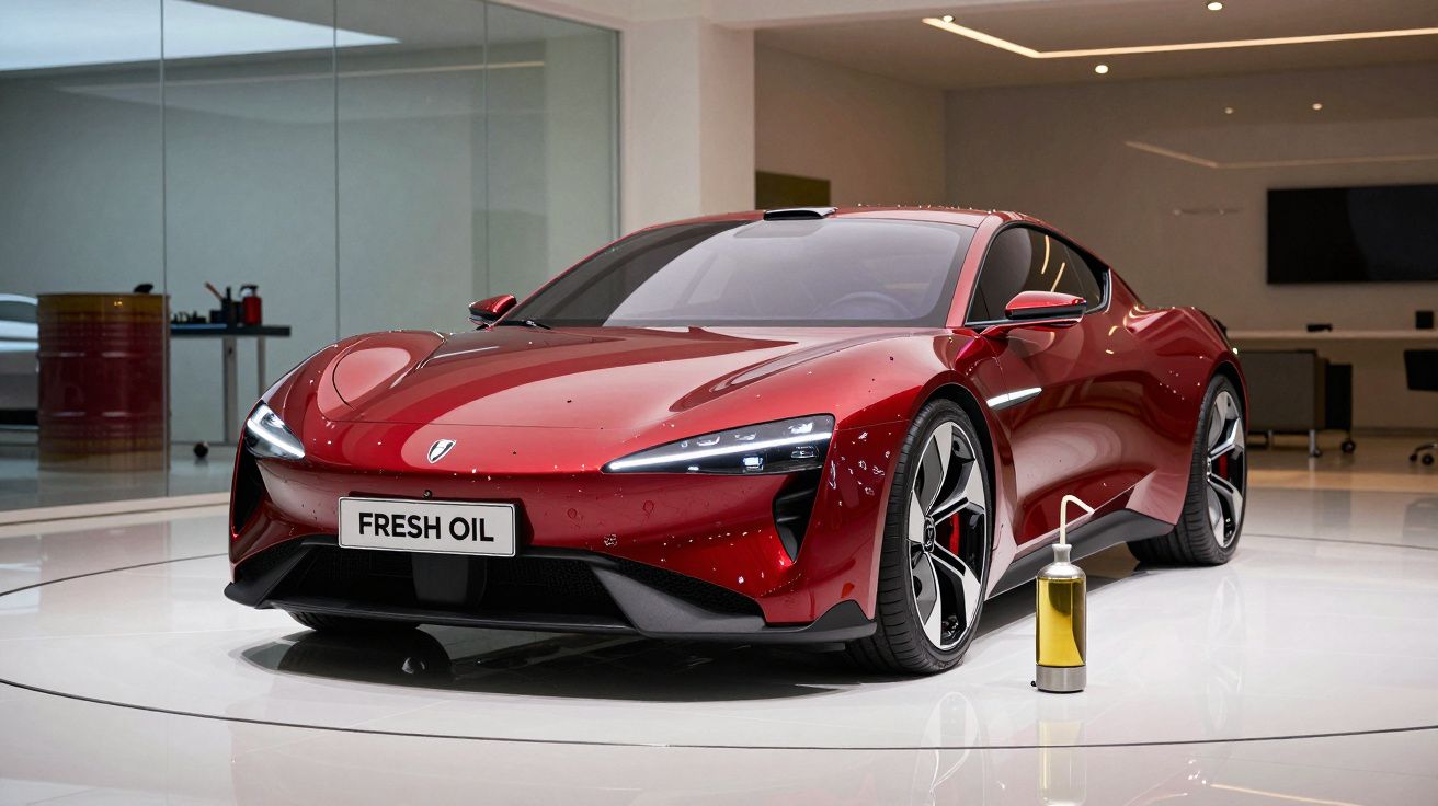 Carro desportivo vermelho metálico em exposição com óleo automóvel ao lado, em ambiente moderno e minimalista.