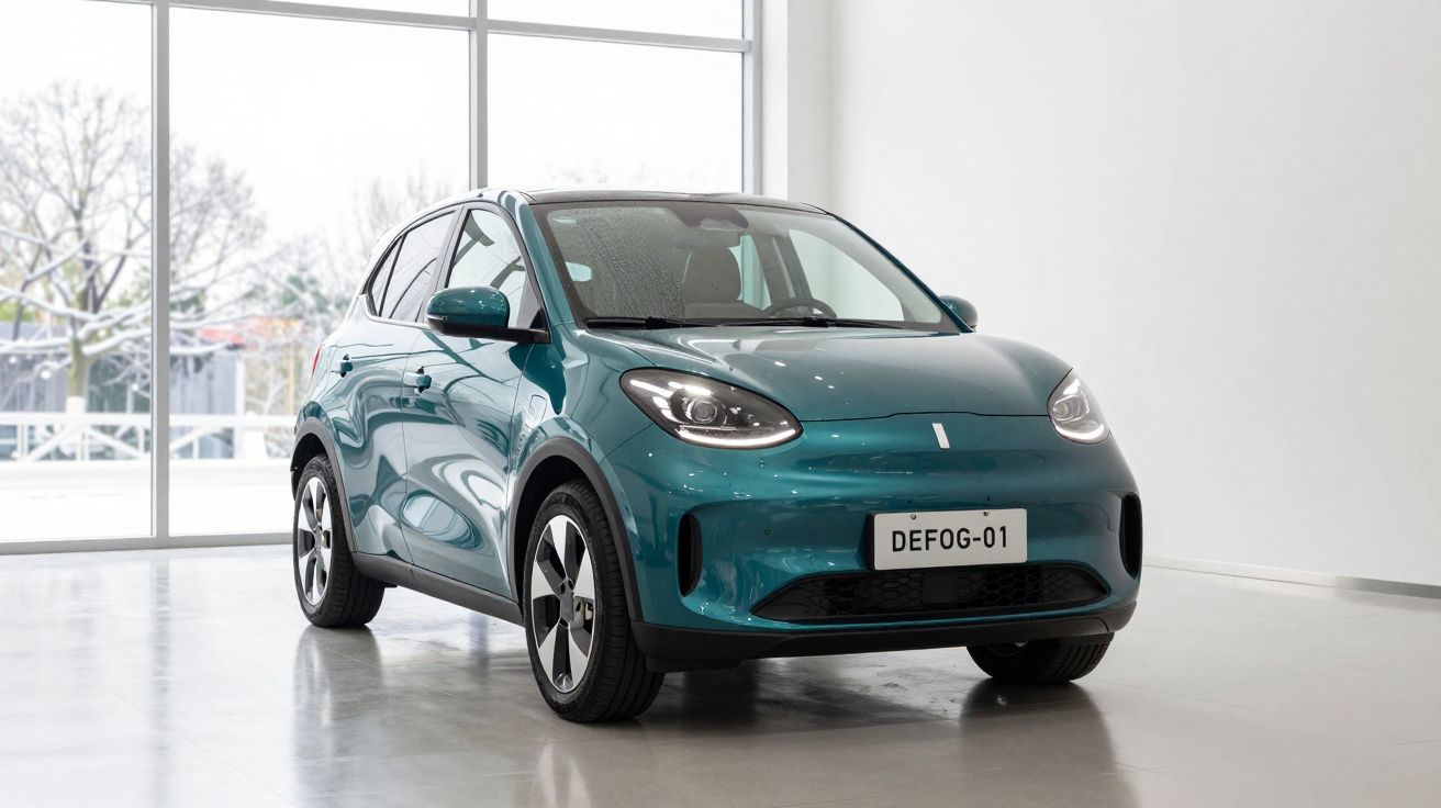 Carro elétrico compacto azul exposto num showroom com janelas grandes e chão cinzento brilhante.