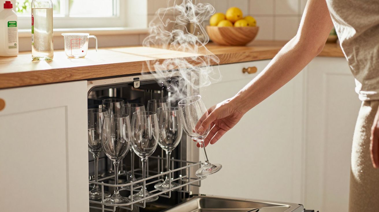 Mão a retirar taça de vidro fumegante da máquina de lavar loiça numa cozinha iluminada.