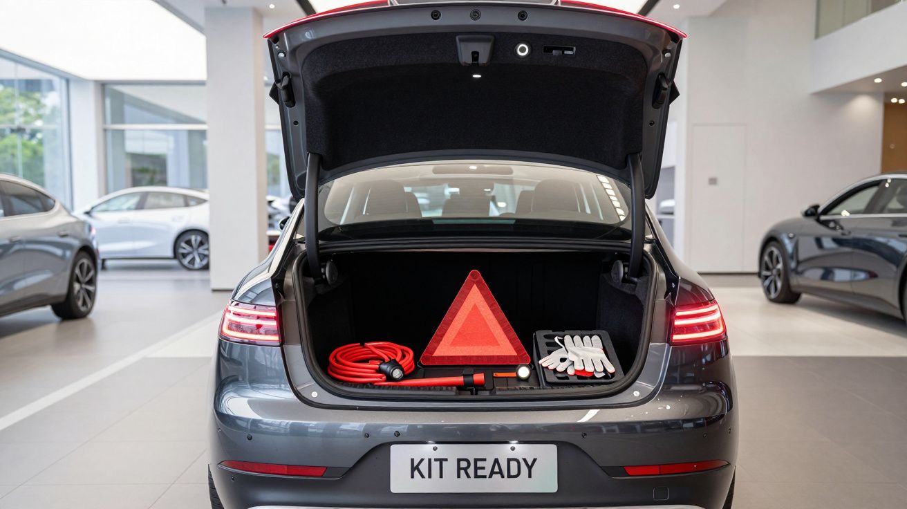 Porta-malas aberto de carro cinza com kit de emergência incluindo triângulo, cabos e luvas, em salão de automóveis.