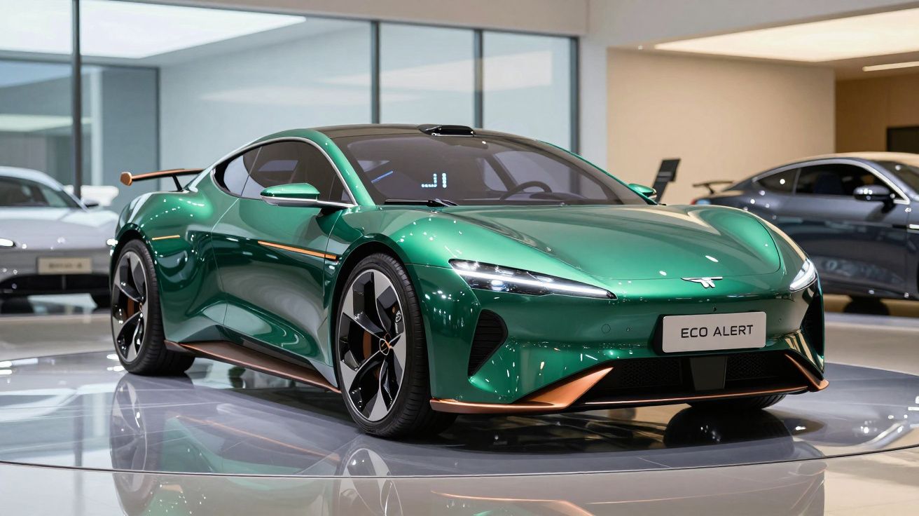 Carro desportivo elétrico verde metálico com detalhes bronze num showroom moderno.