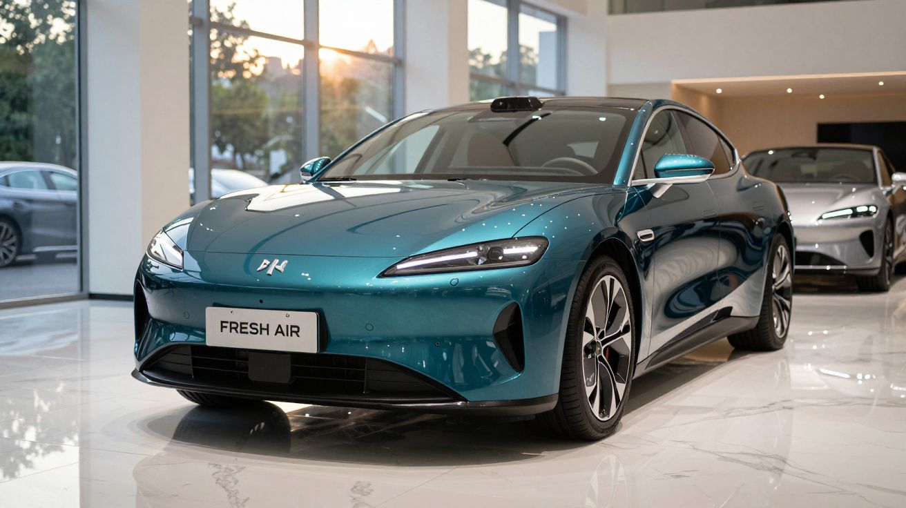 Carro elétrico azul metalizado modelo Fresh Air exibido numa sala de exposições moderna com chão branco.