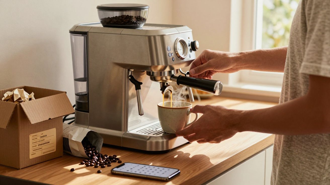 Pessoa a fazer café numa máquina expresso com grãos de café, chávena e telemóvel numa bancada de madeira.