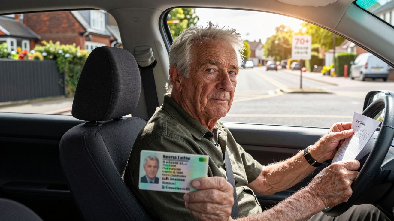 Homem idoso sentado ao volante de carro a mostrar carta de condução e documento na mão.