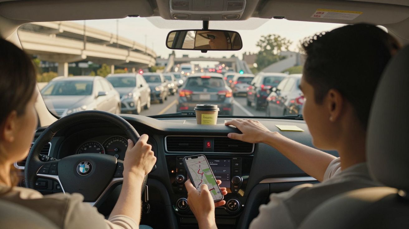 Interior de carro BMW com duas pessoas, trânsito intenso à frente e mapa de navegação no telemóvel.