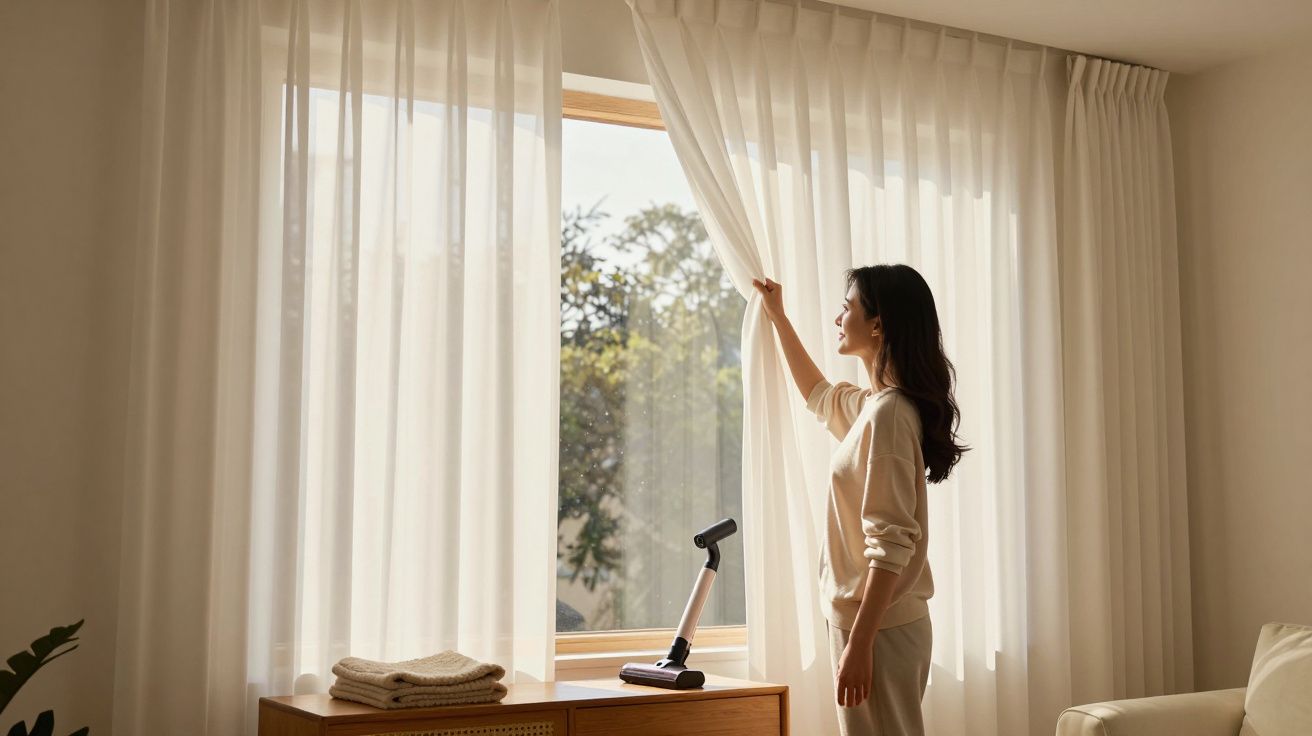 Mulher a abrir cortina branca numa sala iluminada com aspirador sem fio em móvel de madeira.