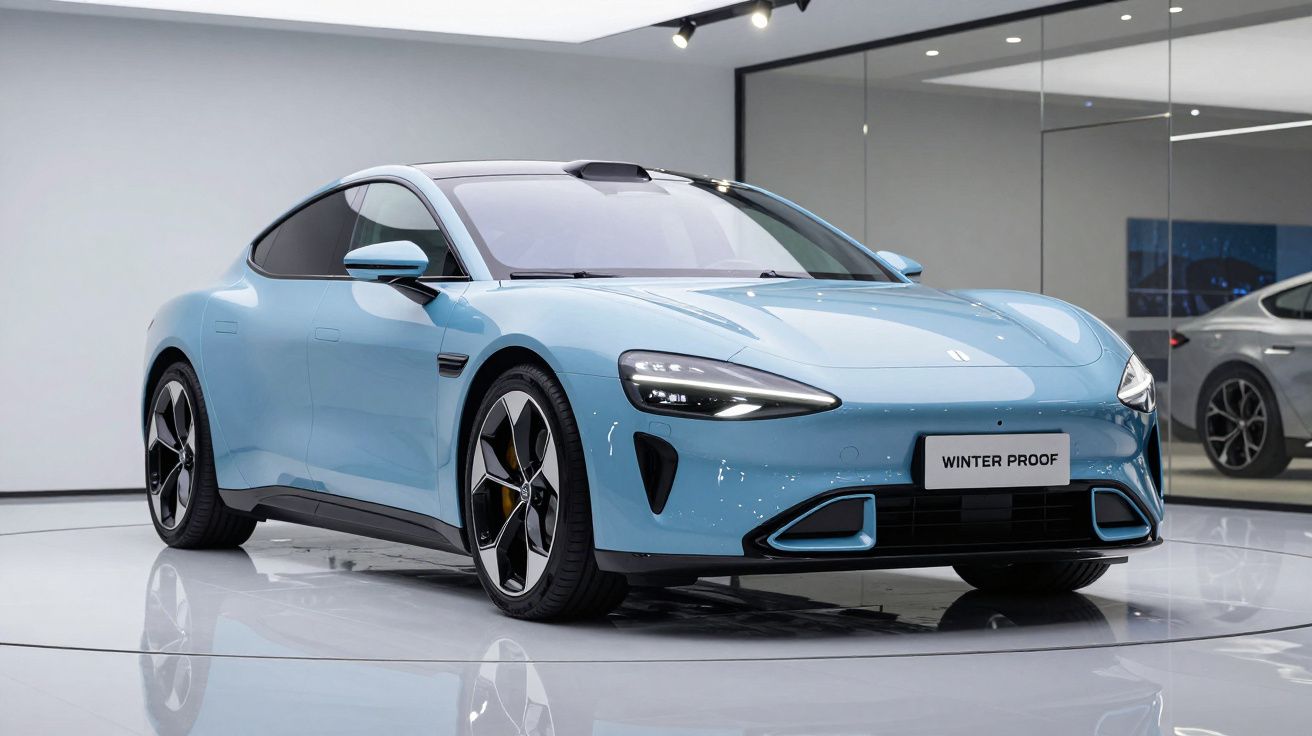 Carro desportivo elétrico azul claro em exposição num espaço moderno com paredes espelhadas.