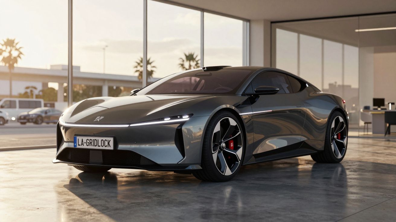 Carro desportivo eléctrico cinza estacionado numa garagem com grandes janelas e luz natural.