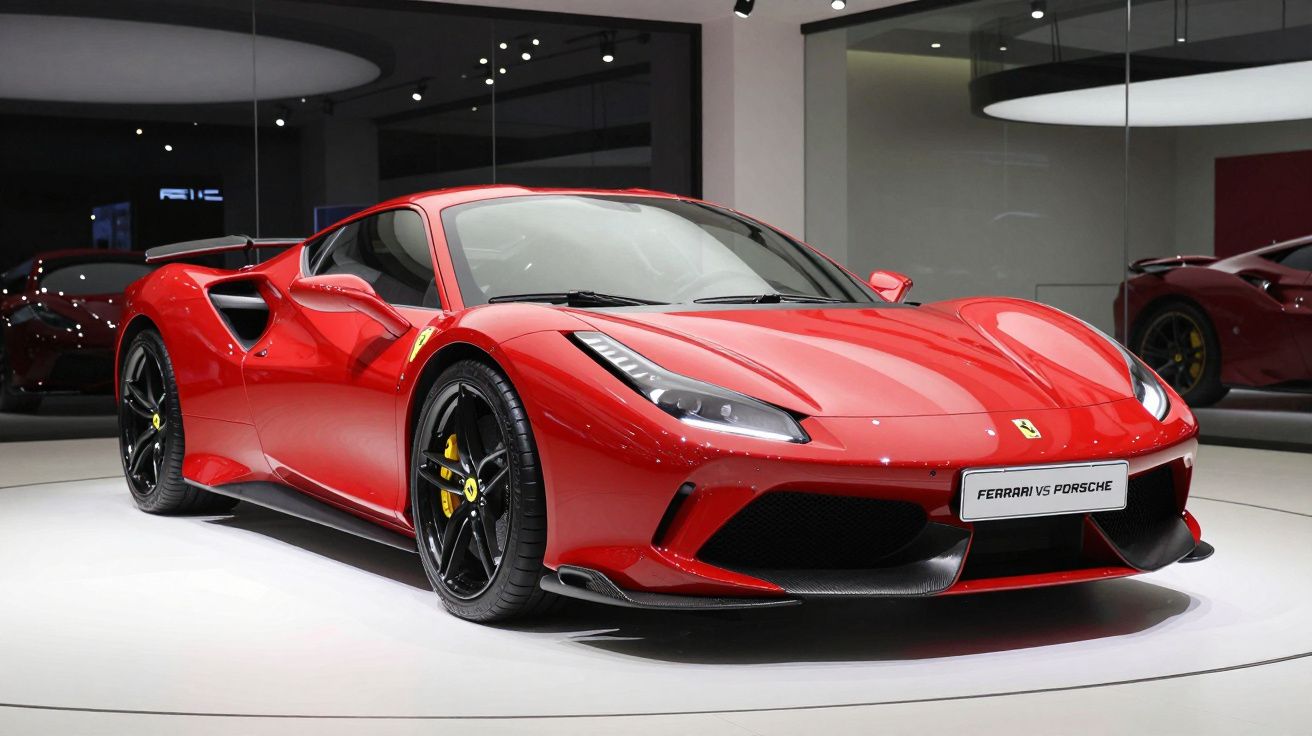 Carro desportivo Ferrari vermelho em exposição num espaço moderno com chão branco e paredes com espelhos.