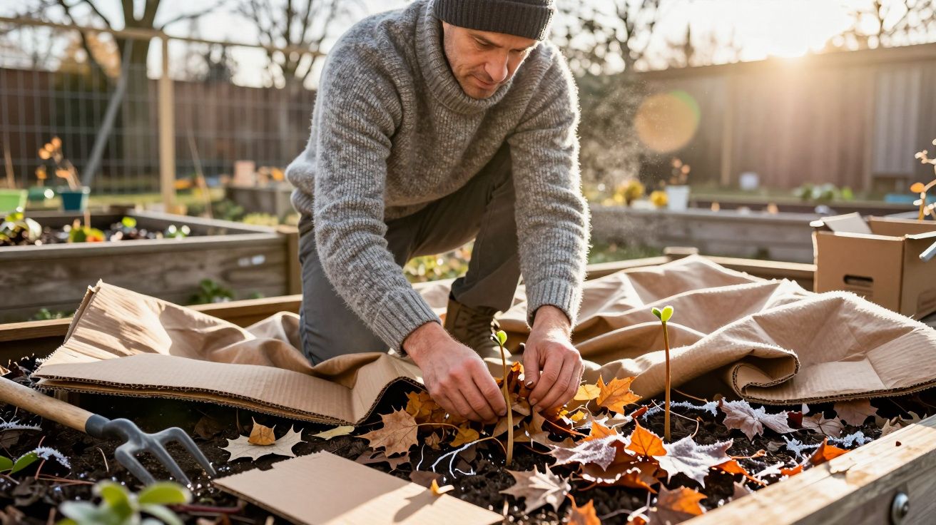 Homem de gorro e camisola cinza a cuidar de plantas jovens numa horta com folhas secas espalhadas.