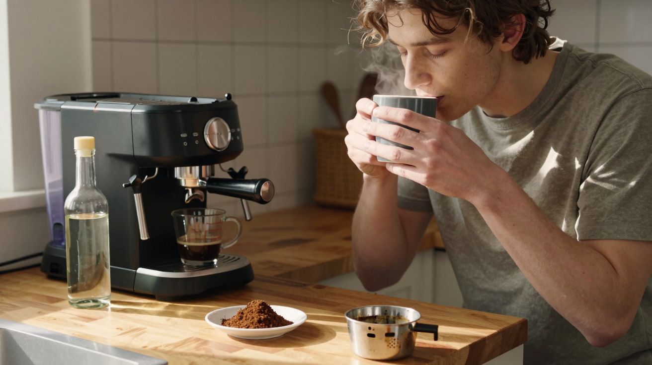 Homem a saborear chá ou café numa caneca, sentado numa cozinha com máquina de café e ingredientes sobre a bancada.
