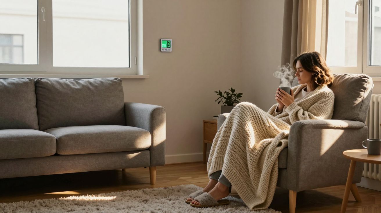Mulher sentada numa poltrona com manta, a beber chá numa sala luminosa e acolhedora.