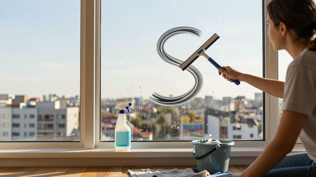 Pessoa a limpar uma janela com limpador de vidros, deixando um padrão em forma de S.