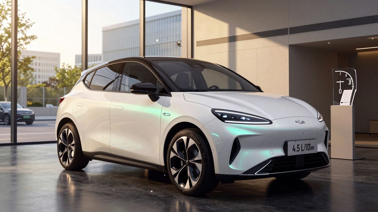 Carro elétrico branco moderno estacionado dentro de edifício com grandes janelas e iluminação natural.