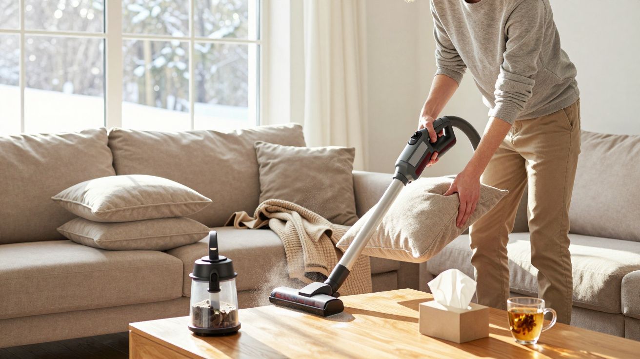 Pessoa a aspirar almofada numa sala com sofá castanho claro e mesa de madeira clara.