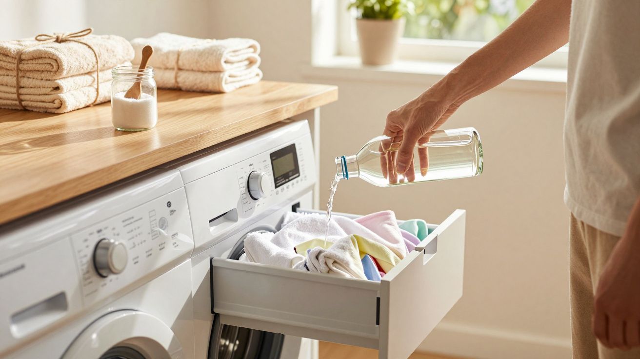 Pessoa a deitar líquido numa gaveta de máquina de lavar roupa num ambiente luminoso e arrumado.