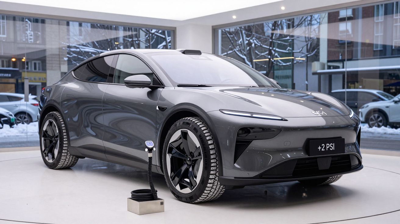 Carro eléctrico moderno cinza escuro a carregar numa estação interior com janelas grandes e vista urbana.