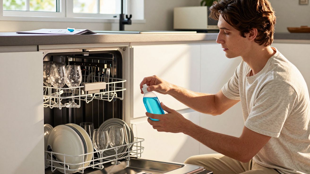 Jovem a colocar detergente azul numa máquina de lavar loiça aberta com pratos e copos.