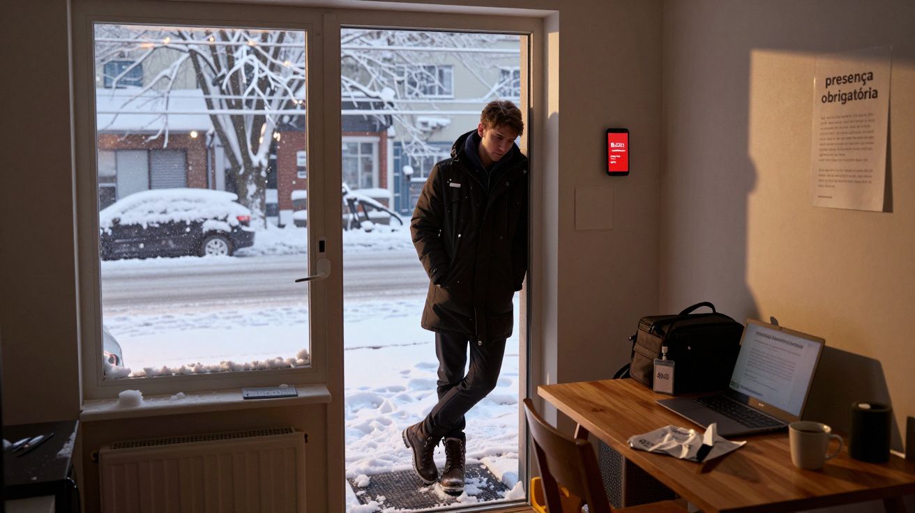 Jovem com casaco entra numa sala com mesas, laptop e neve visível pela porta aberta.