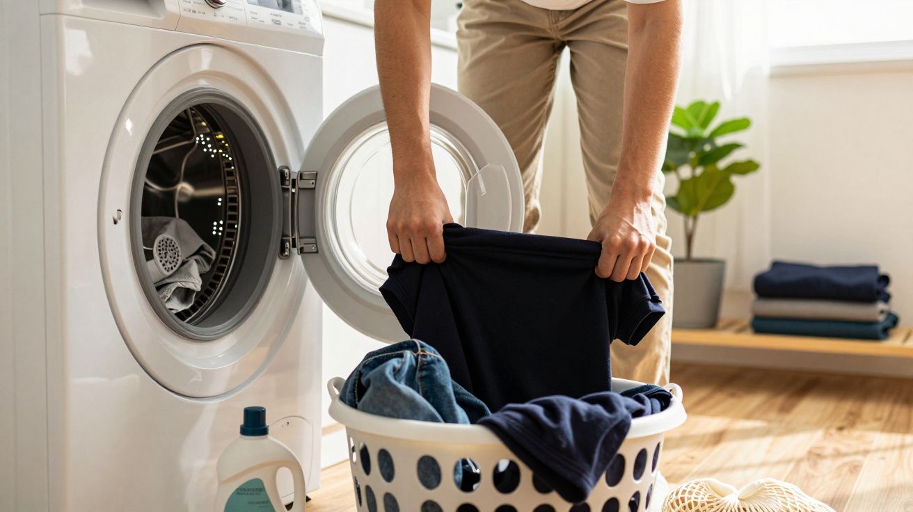 Pessoa a colocar roupa numa máquina de lavar roupa branca numa divisão iluminada e arejada.