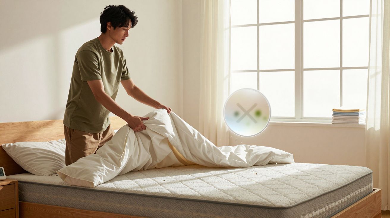 Homem a arrumar a cama num quarto luminoso com janela e móveis em madeira clara.