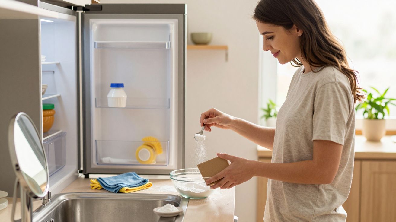 Mulher a medir farinha com colher para bolos, junto a frigorífico aberto e pia na cozinha iluminada.