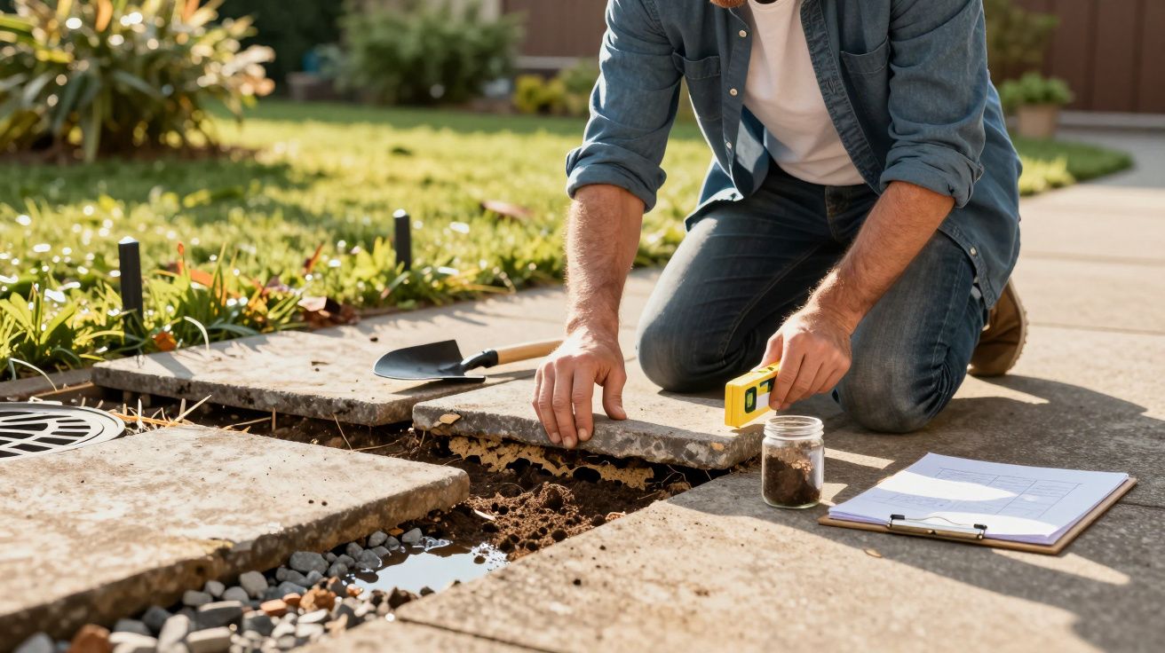 Homem com roupa casual a examinar solo sob lajes de jardim, usando nível e ferramentas de medição.