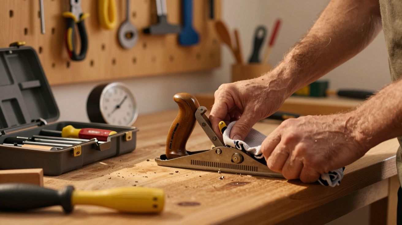 Mãos a limpar ferramenta clássica de carpintaria num banco de trabalho com várias ferramentas ao fundo.