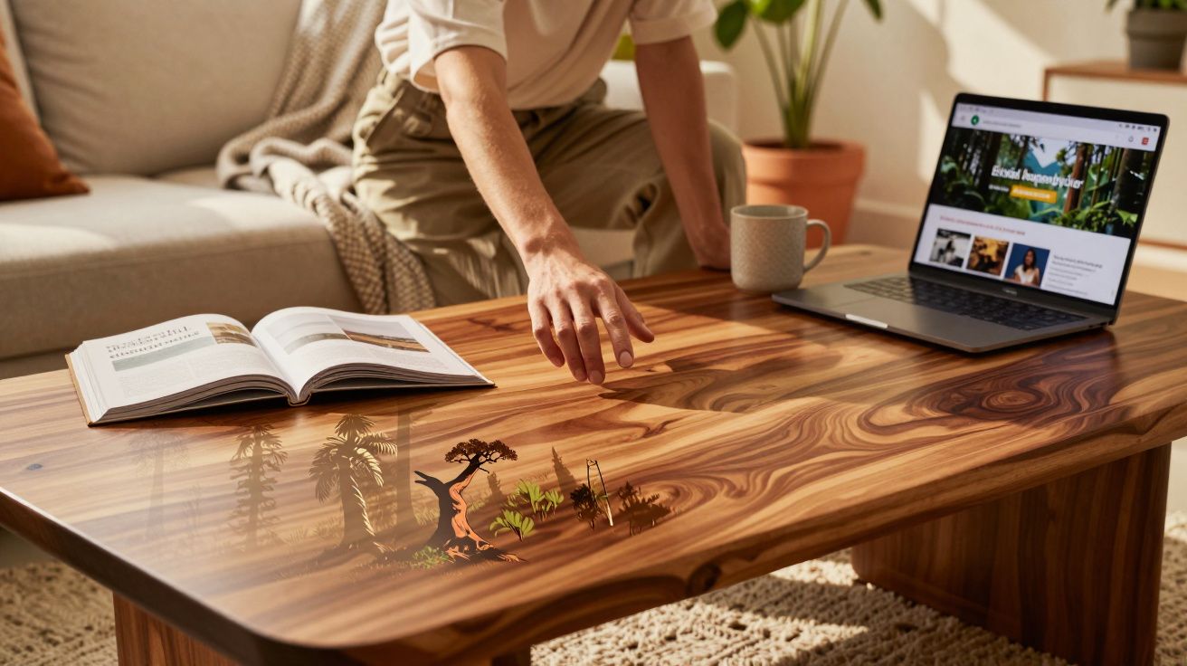 Mesa de madeira com reflexo de árvores, livro aberto, portátil e pessoa a apontar para a mesa numa sala.