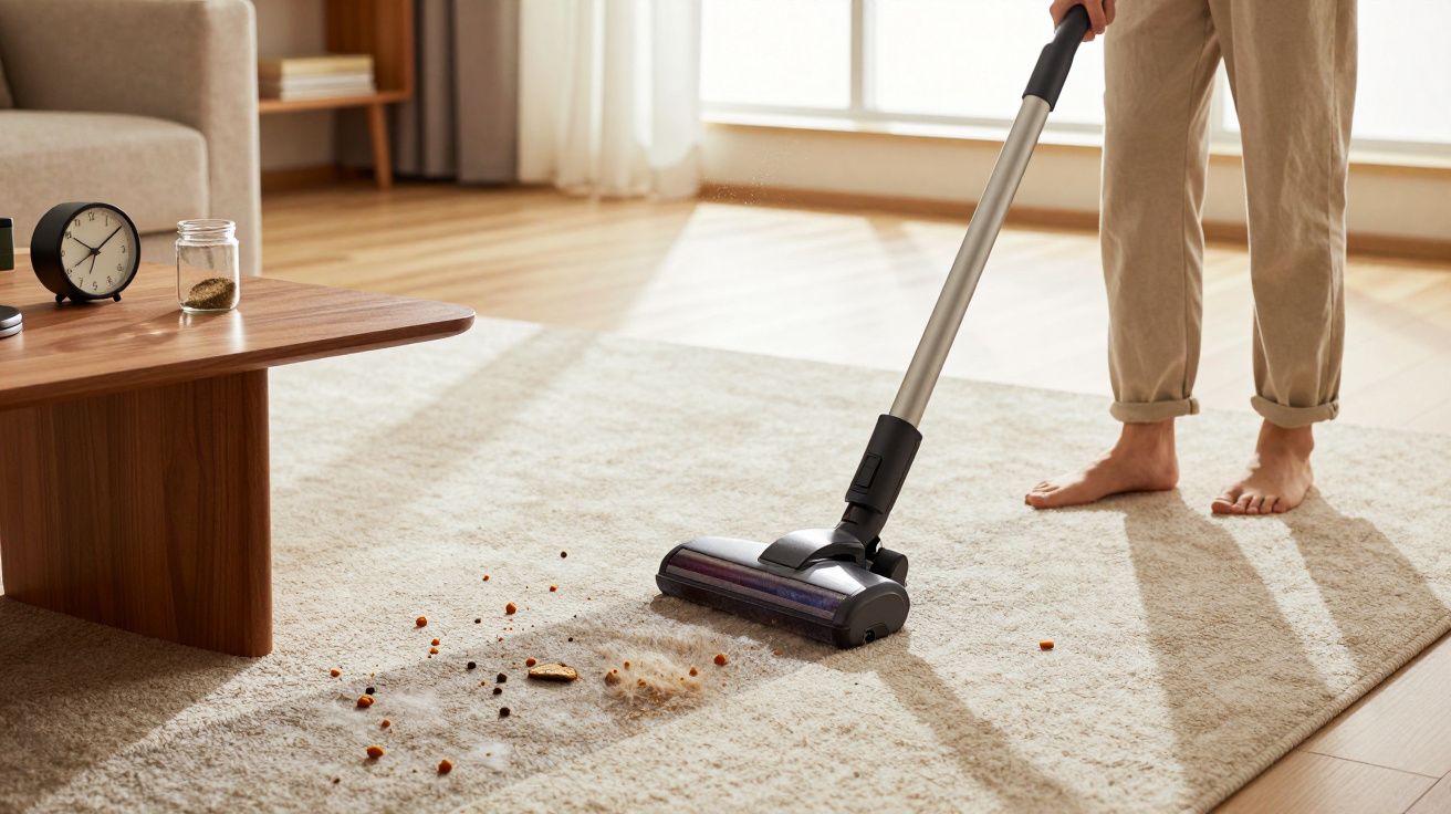 Pessoa a aspirar migalhas e detritos num tapete claro numa sala iluminada.