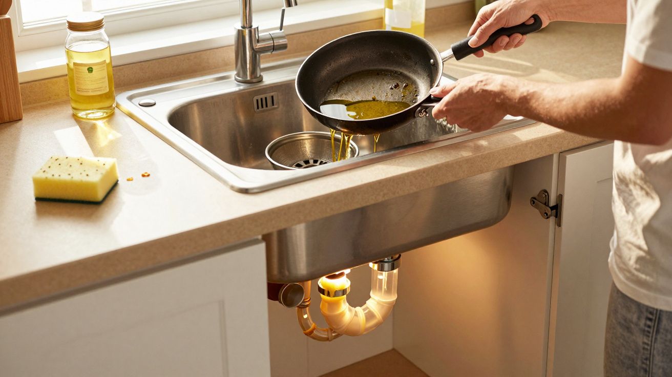 Pessoa a despejar óleo de uma frigideira usada na pia da cozinha, com esponja e óleo ao lado.